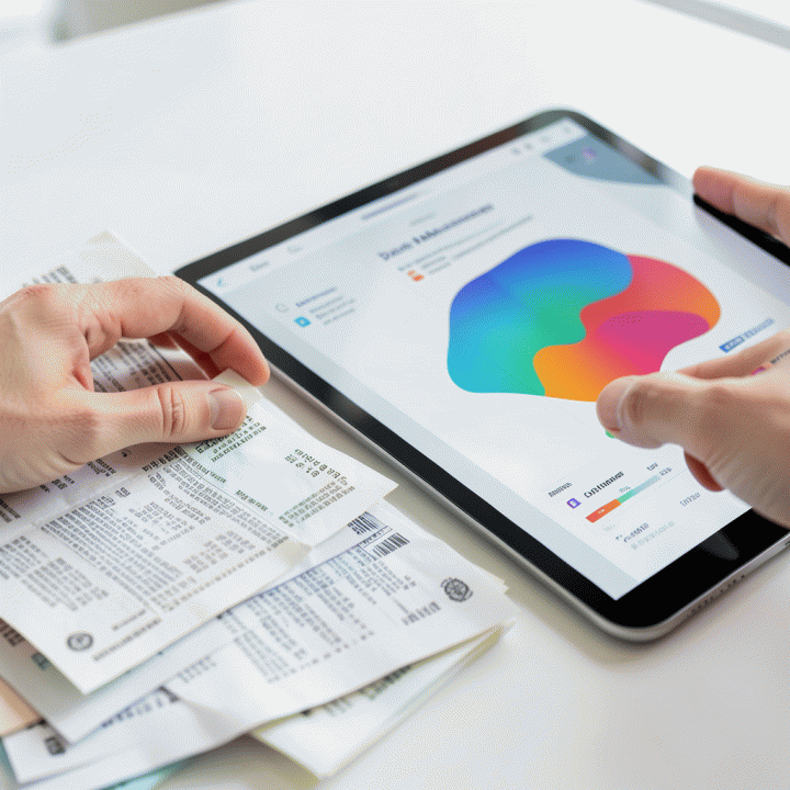 Tangan yang merapikan dokumen keuangan fisik di sebelah tablet yang menampilkan dashboard manajemen utang yang terstruktur.