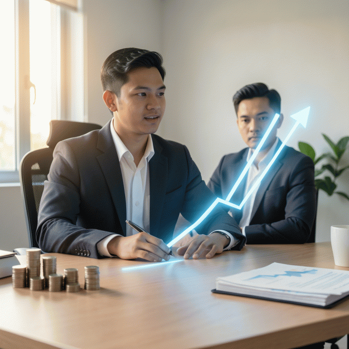 Seorang profesional muda Indonesia yang tampak percaya diri melihat visualisasi grafik utang yang menurun, melambangkan keberhasilan melunasi utang dengan strategi yang tepat.
