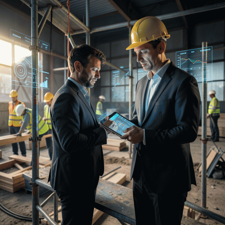 A professional project manager monitoring real-time construction progress and material usage on a tablet at a dynamic construction site.