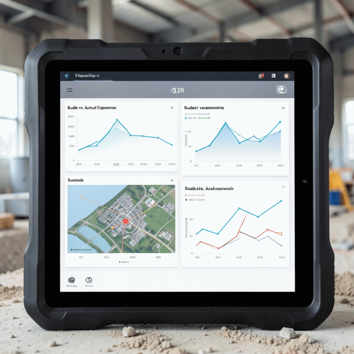 Abstract visualization of a real-time project progress and cost control dashboard on a tablet.
