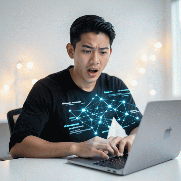 Seorang content creator Indonesia yang bersemangat melihat antarmuka AI holografik di atas laptop, melambangkan ide-ide konten viral yang dihasilkan oleh teknologi.