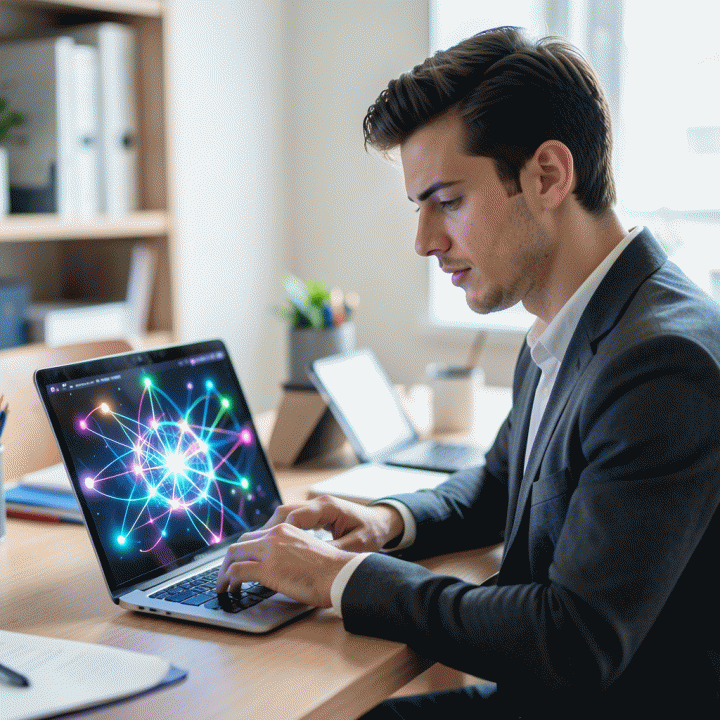 Seorang content creator profesional bekerja di meja modern, berinteraksi dengan visualisasi abstrak ide viral dan hook konten yang bersinar di layar laptopnya.