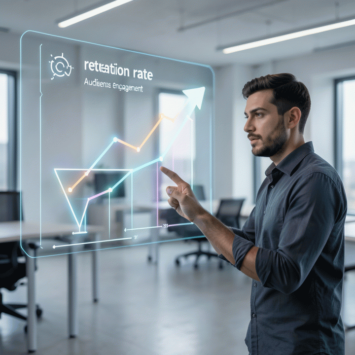 Digital marketer menunjuk pada grafik abstraksi peningkatan retensi penonton yang menunjukkan keberhasilan hook konten.