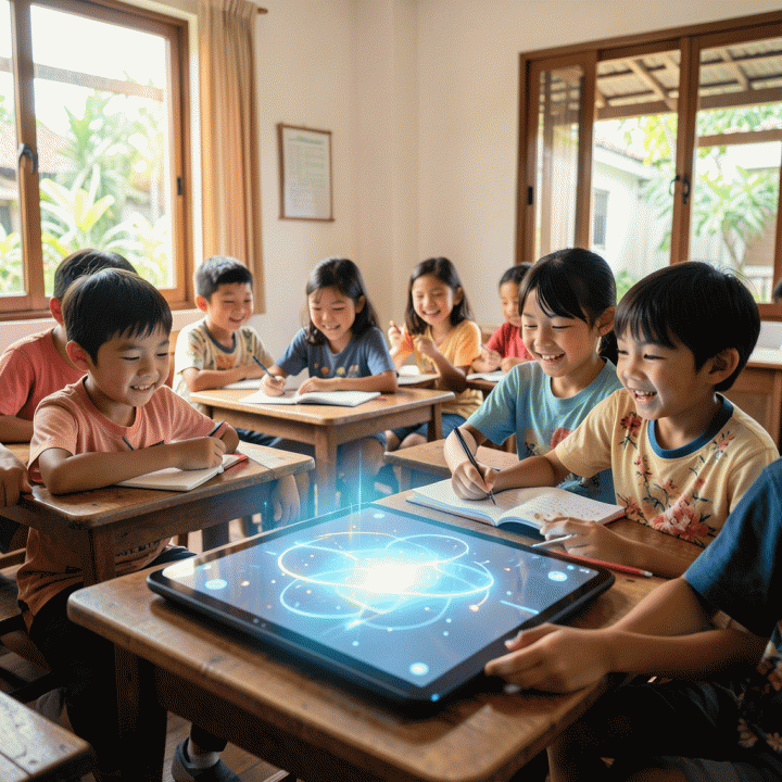 Suasana kelas modern dan ceria di Indonesia, anak-anak SD yang antusias belajar dengan bantuan teknologi AI yang bercahaya lembut.