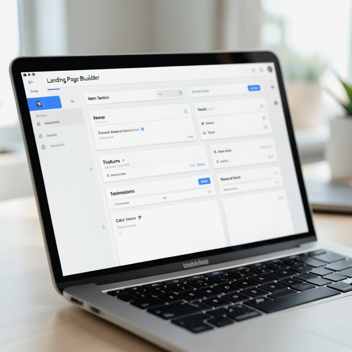 Tampilan antarmuka pembangun landing page AI yang modern dan bersih di laptop, menunjukkan struktur halaman yang rapi dan terorganisir.