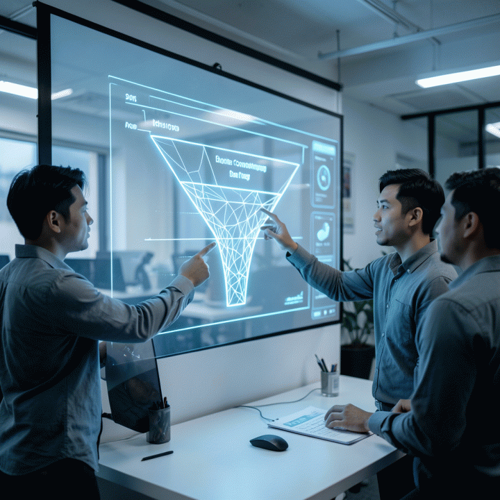 Tim pemasaran profesional berkolaborasi di depan layar digital futuristik yang menampilkan struktur wireframe sales page berkonversi tinggi yang dihasilkan oleh AI.