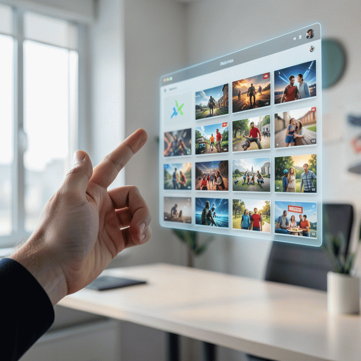 Tangan seorang content creator berinteraksi dengan antarmuka AI holografik yang menampilkan berbagai thumbnail yang konsisten secara visual, melambangkan efisiensi produksi konten.