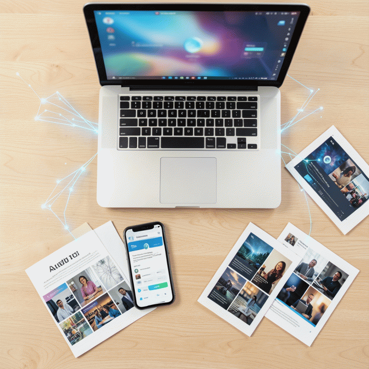 Tampilan atas meja kerja yang memperlihatkan laptop dan smartphone yang terhubung dengan elemen AI, melambangkan otomatisasi dan kecepatan dalam produksi thumbnail.