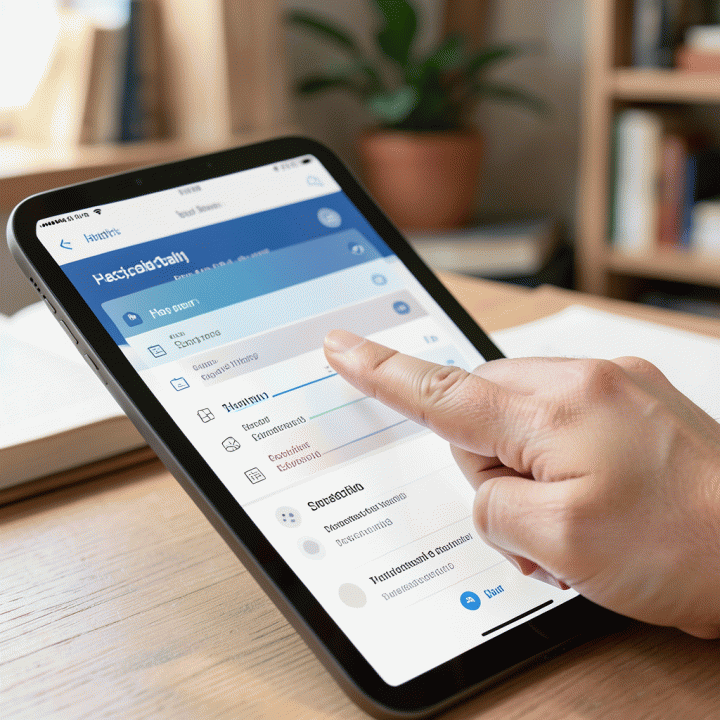 Tangan menggunakan aplikasi pelacak kebiasaan digital di tablet modern, menunjukkan pencapaian harian ibadah dan tugas spiritual yang terorganisir.