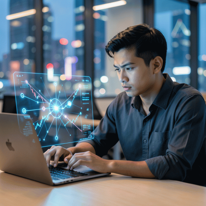 Seorang founder muda Indonesia yang bersemangat sedang menganalisis data tren pasar di antarmuka holografik futuristik, melambangkan penemuan niche bisnis digital yang sukses.