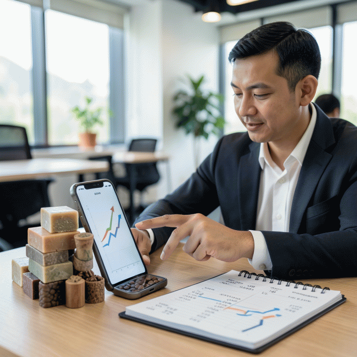Konsultan bisnis profesional menunjukkan strategi penentuan harga jual optimal menggunakan grafik pertumbuhan di smartphone di meja kerja bersama produk-produk UMKM.