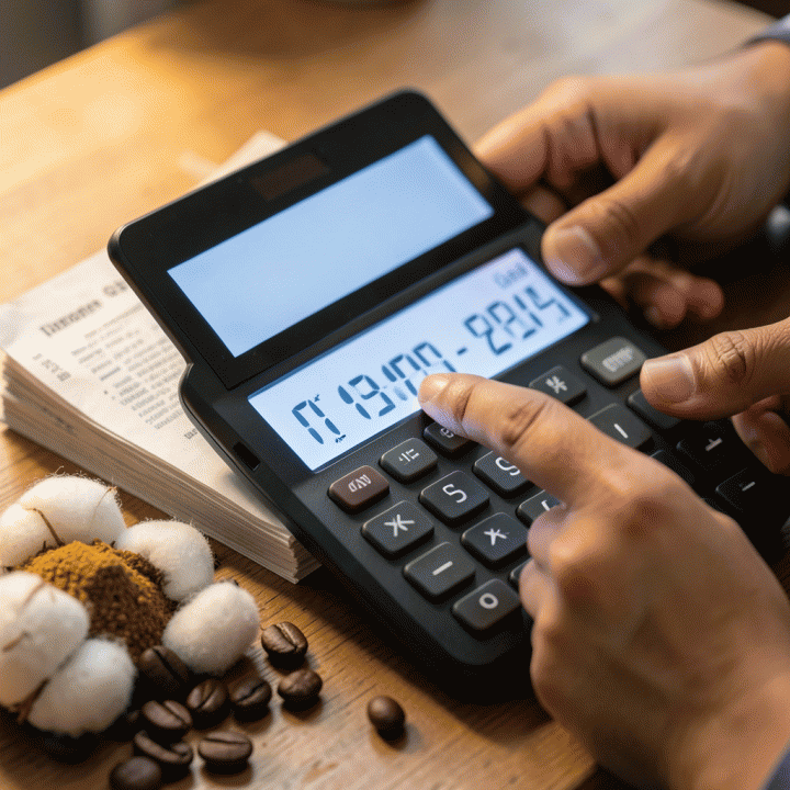 Tangan pemilik UMKM menganalisis perhitungan Harga Pokok Penjualan (HPP) yang akurat menggunakan kalkulator digital di antara bahan baku produk.