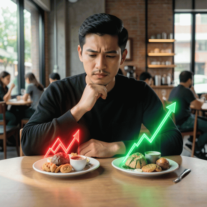 Perbandingan visual dampak penetapan harga jual yang berbeda pada profit margin bisnis kuliner.