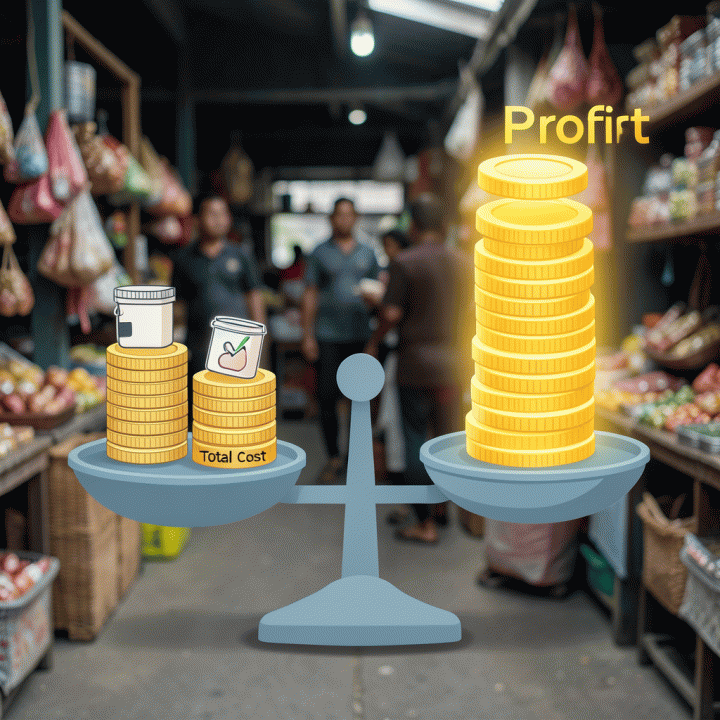 Visualisasi konsep keuntungan (profit margin) menggunakan timbangan keseimbangan yang seimbang antara biaya dan laba.