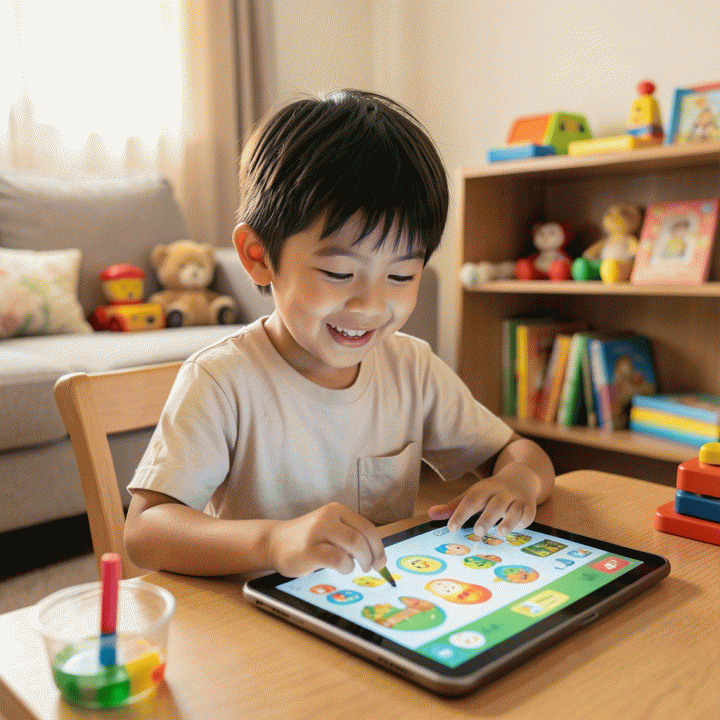 An Indonesian child happily interacting with an educational game on a tablet, symbolizing engaging learning.