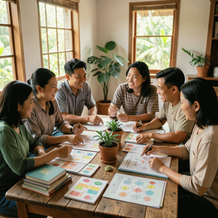 Kelompok guru dan orang tua Indonesia berdiskusi secara kolaboratif di meja kayu yang penuh dengan materi ajar, menunjukkan sinergi dalam merencanakan strategi pengajaran yang efektif dan efisien.