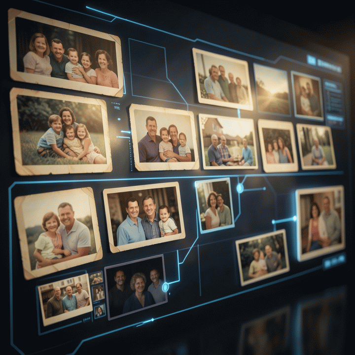 Digital archive interface displaying organized family photos and videos, symbolizing the preservation of family history and digital legacy.