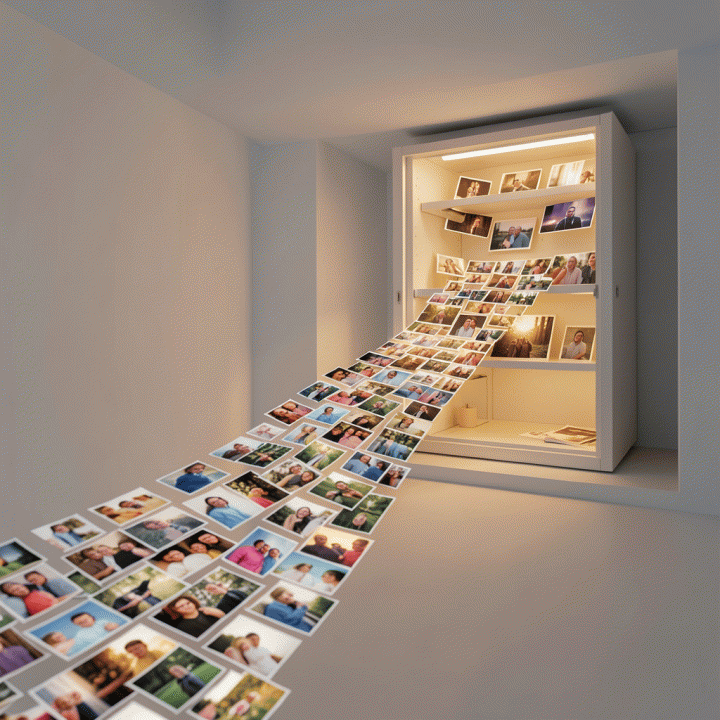 Abstract representation of flowing digital family memories entering a secure digital vault.