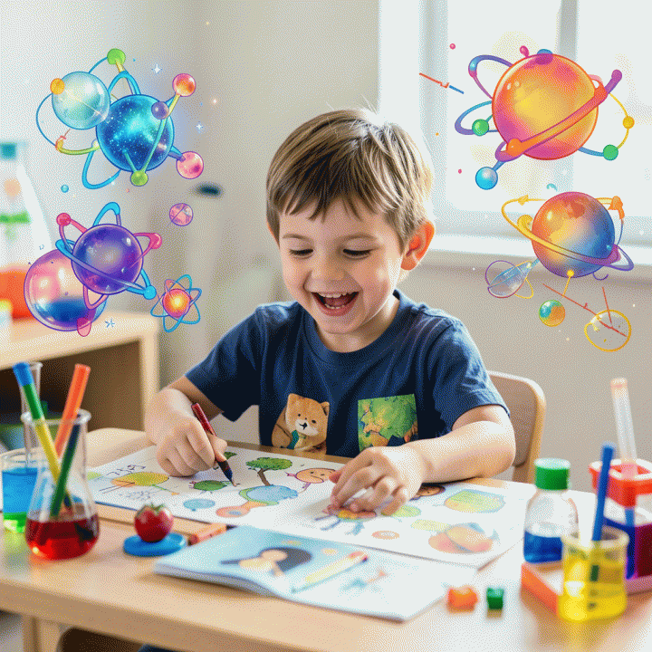 A happy young child enthusiastically learning science with educational tools, symbolizing effective learning strategies.