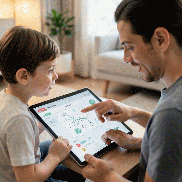 Parent and child collaboratively reviewing a science learning module on a tablet to ensure understanding.