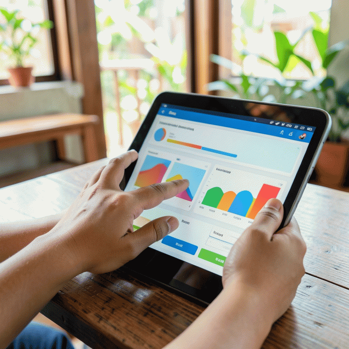 Tangan guru berinteraksi dengan tablet yang menampilkan dashboard AI abstrak untuk pembuatan materi ajar, menekankan kemudahan dan efisiensi teknologi dalam pendidikan.