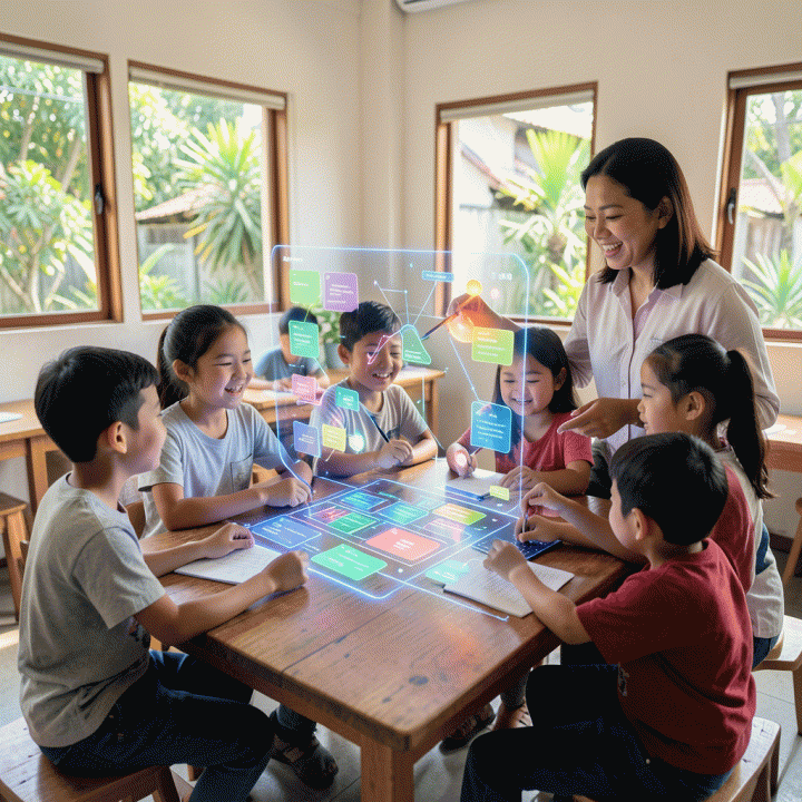 Guru Indonesia memandu siswa-siswa di kelas modern yang cerah, berinteraksi dengan antarmuka pembelajaran digital futuristik yang menampilkan modul belajar yang terstruktur, melambangkan solusi teknologi untuk mengatasi kesenjangan keterampilan pendidikan.