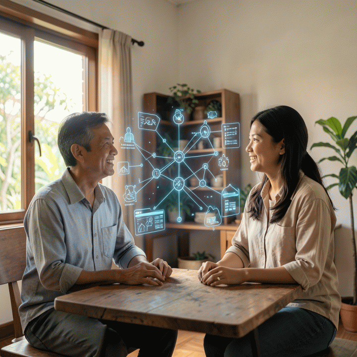 Seorang orang tua dan guru berkolaborasi melihat proyeksi hologram abstrak tentang konsep pembelajaran, menunjukkan bagaimana AI menjembatani kesenjangan pengetahuan.