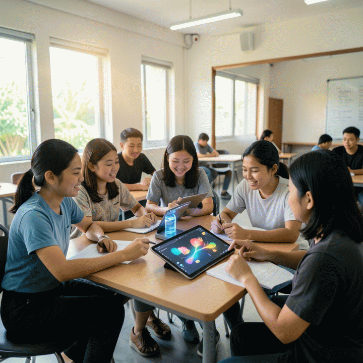 Sejumlah siswa Indonesia dari berbagai tingkatan usia berinteraksi dalam kelas modern yang cerah, menunjukkan pembelajaran kolaboratif dan mengatasi kesenjangan pengetahuan dengan bantuan teknologi.