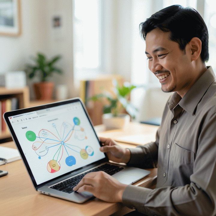 Guru Indonesia menggunakan tablet untuk menghasilkan materi ajar yang berkualitas dan efisien menggunakan alat AI.