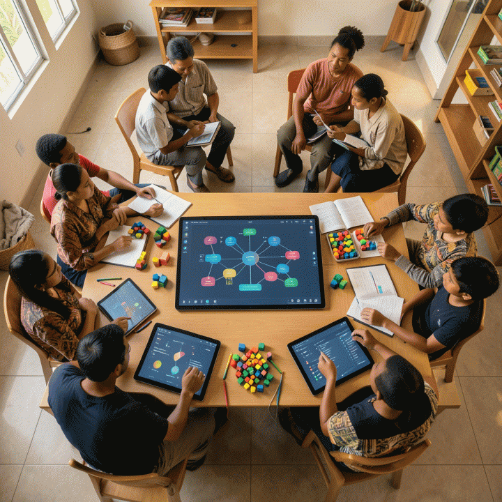Tampilan atas kelas modern yang menunjukkan integrasi teknologi dan materi belajar yang merata, mengatasi kesenjangan pendidikan.