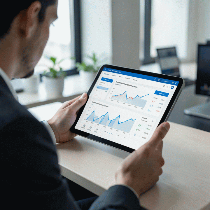 Seorang individu menganalisis dashboard keuangan pada tablet di kantor modern untuk merencanakan anggaran dan strategi keuangan.