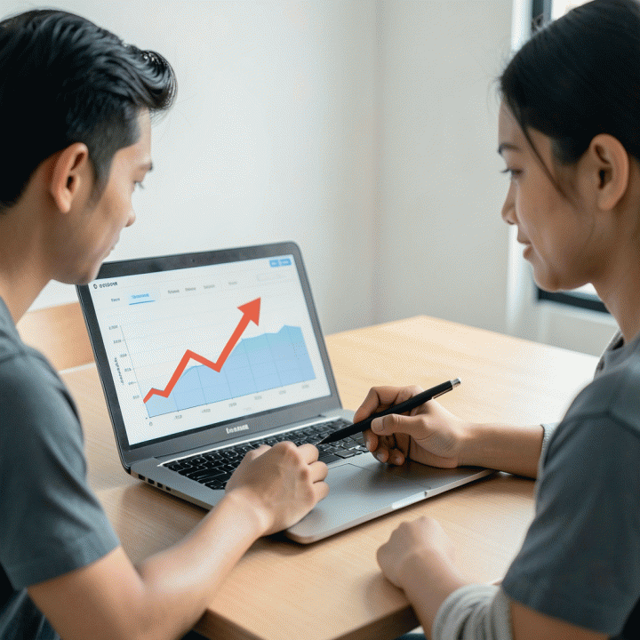 Seorang pekerja muda Indonesia sedang merencanakan keuangan dan pelunasan utang dengan menggunakan laptop yang menampilkan visualisasi grafis penurunan saldo utang secara signifikan.
