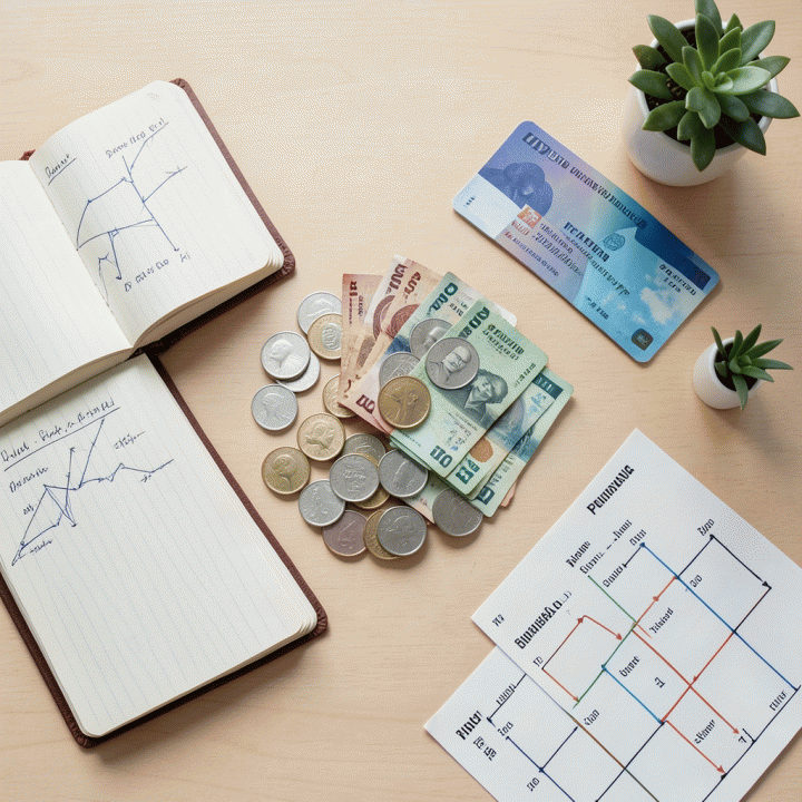 Komposisi flat lay uang THR Indonesia dengan elemen perencanaan keuangan seperti buku catatan strategi dan kartu kredit, menunjukkan langkah awal manajemen utang.