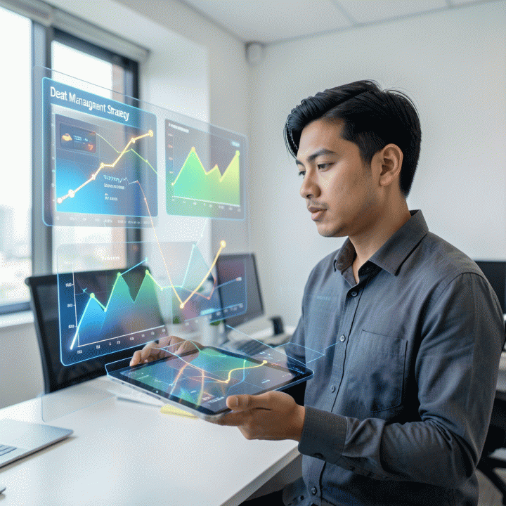 Ilustrasi sinematik seorang profesional muda Indonesia sedang merencanakan strategi pelunasan utang secara terstruktur menggunakan visualisasi data hologram yang menunjukkan jalur menuju bebas utang.