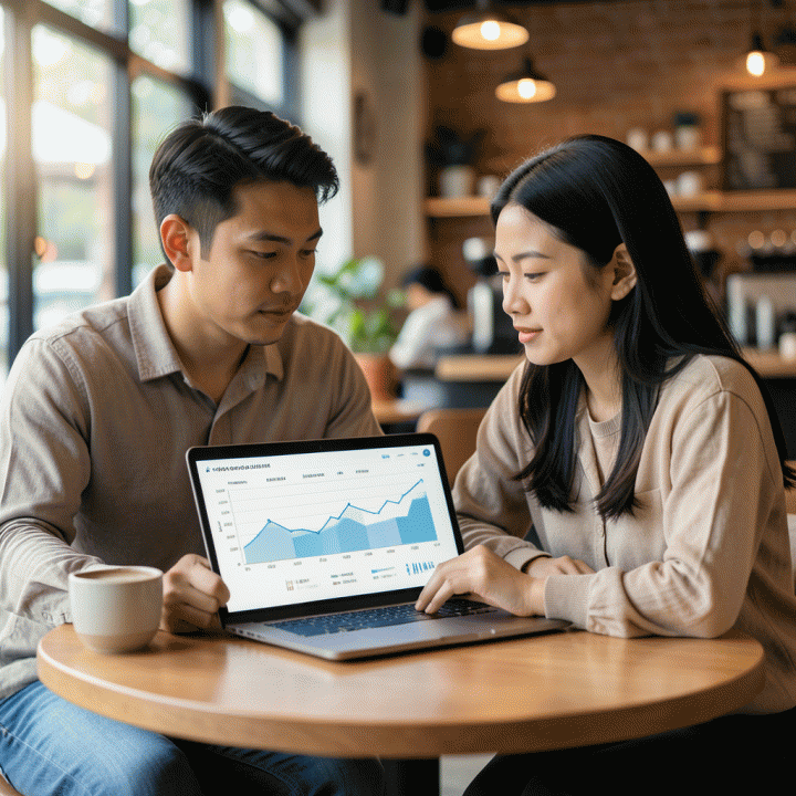 Pasangan muda Indonesia yang merencanakan keuangan di kafe modern, menunjukkan grafik penurunan utang yang terstruktur dan optimis.