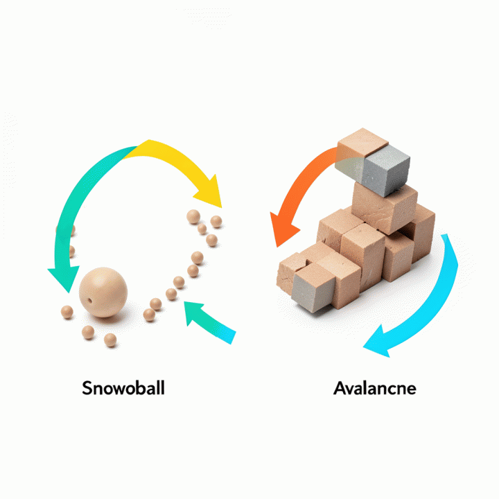 Visual konseptual yang membandingkan dua metode pelunasan utang: Snowball dan Avalanche, menggunakan metafora visual pergerakan objek.
