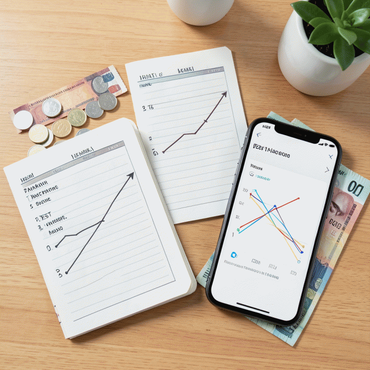 Tampilan flat lay dari alat perencanaan keuangan yang terorganisir, menunjukkan pelunasan utang melalui perbandingan visual antara berbagai jenis tagihan dan grafik penurunan saldo.