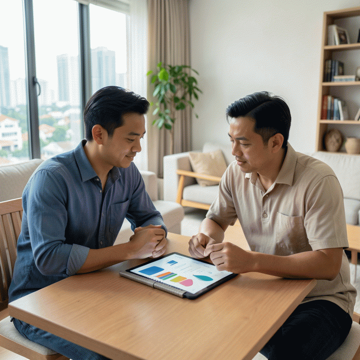 Pasangan muda Indonesia yang sedang merencanakan anggaran keluarga di meja yang rapi, dikelilingi suasana rumah modern yang terorganisir.
