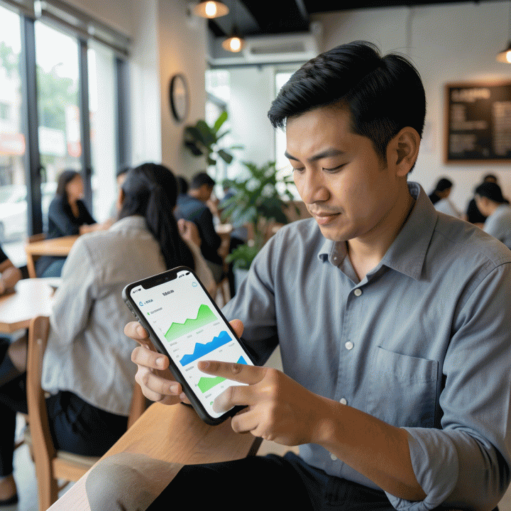 Profesional Indonesia melacak dan menganalisis pengeluaran di perangkat digital, menunjukkan kontrol finansial.