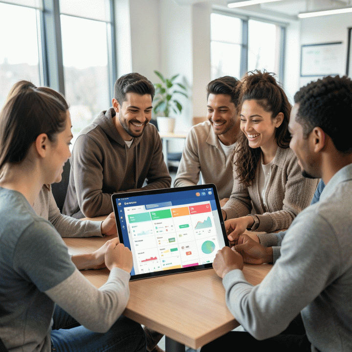 Group of friends collaboratively managing a colorful budget spreadsheet on a tablet for group travel planning.