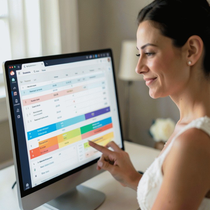 Orang yang fokus mengelola data kompleks pada antarmuka dashboard digital yang bersih. Menunjukkan kontrol dan ketenangan dalam perencanaan acara pernikahan.