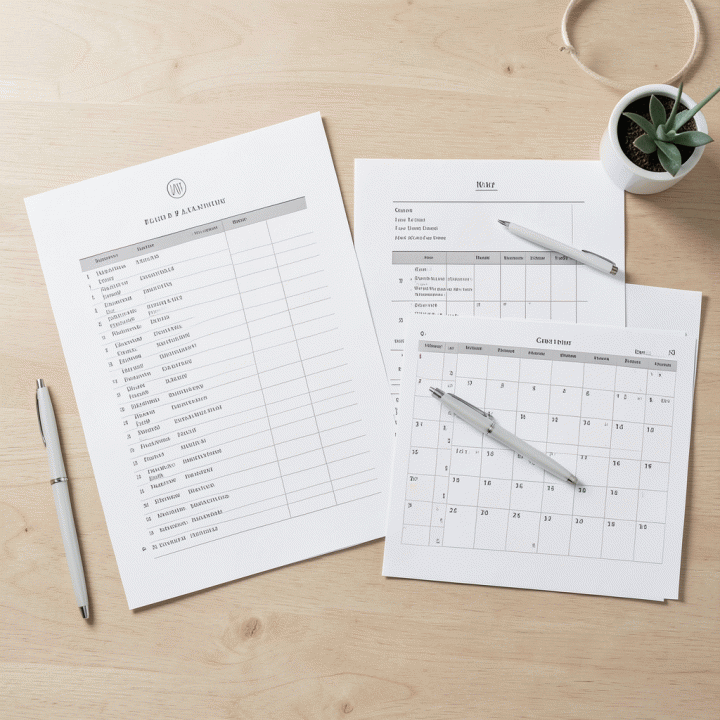 Tampilan flat lay dokumen perencanaan pernikahan yang terorganisir, termasuk daftar tamu, anggaran, dan kalender yang rapi. Menekankan manajemen perencanaan yang efisien.