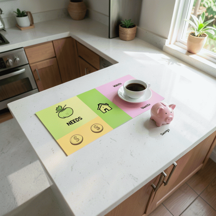 Visualisasi alokasi dana kebutuhan, keinginan, dan tabungan di atas meja dapur modern Indonesia.