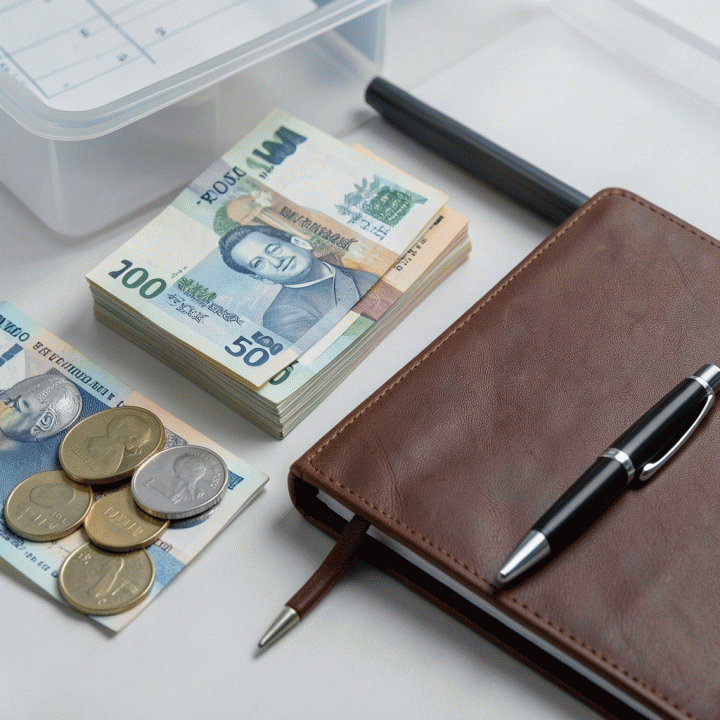 Perlengkapan budgeting yang terorganisir, termasuk uang tunai rupiah dan planner, menonjolkan perencanaan keuangan yang detail.
