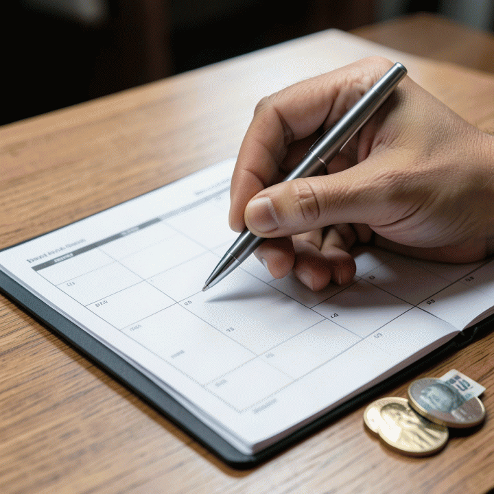 Tangan profesional sedang mengisi dan merencanakan anggaran di template personal budgeting planner yang terstruktur.