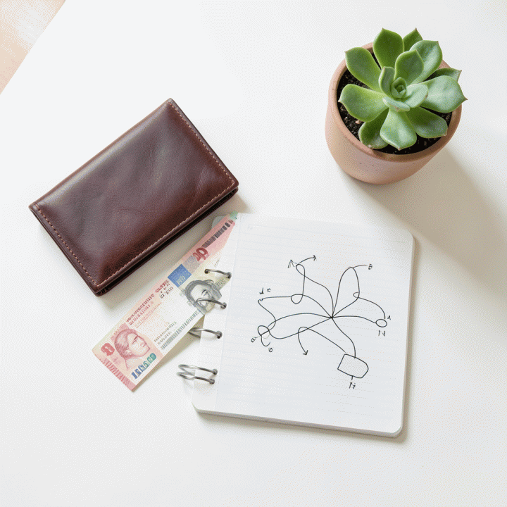 Komposisi flat lay minimalis dari dompet, uang, dan jurnal yang menunjukkan konsep alokasi dana yang terencana.
