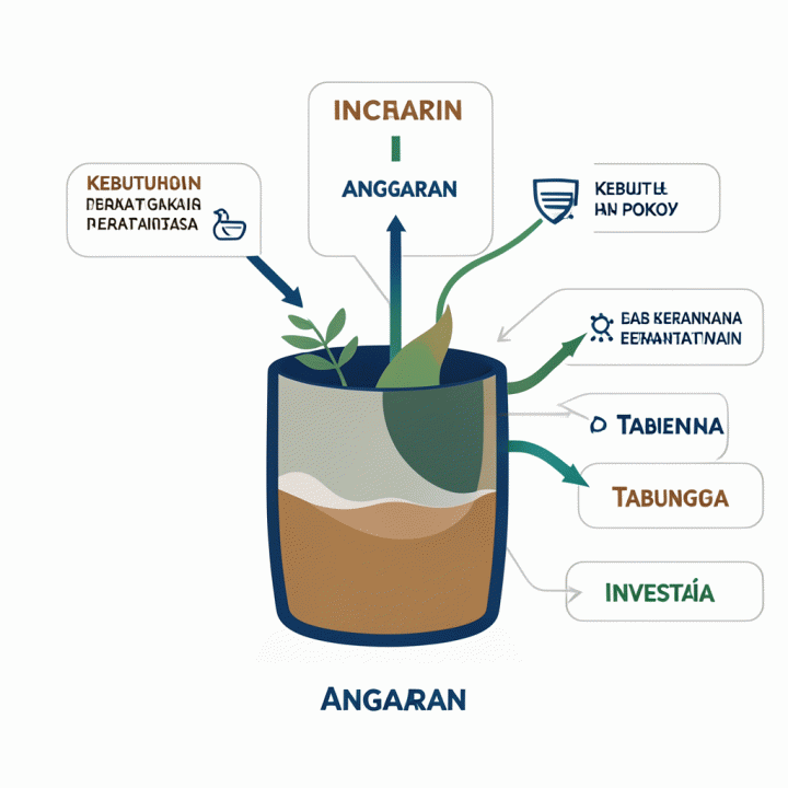 Ilustrasi konsep visual tentang bagaimana pendapatan dialirkan secara terstruktur melalui anggaran ke berbagai pos pengeluaran.