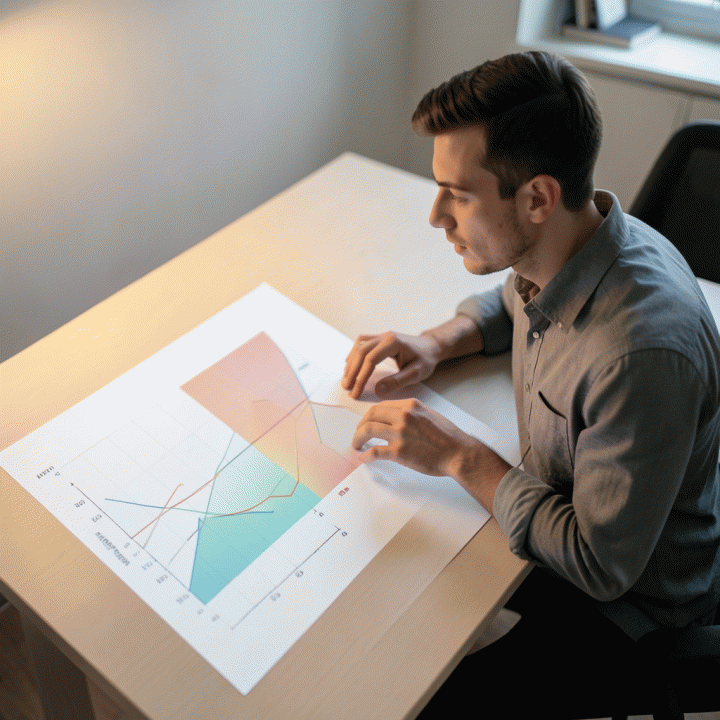 Seorang profesional muda melihat grafik analitis yang halus di atas meja, menekankan pentingnya asesmen kognitif objektif.