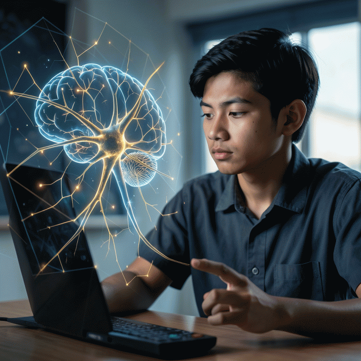 Seorang mahasiswa Indonesia yang fokus pada representasi visual jalur logika dan neuron otak, melambangkan pengembangan kemampuan berpikir kritis dan kecerdasan analitis.