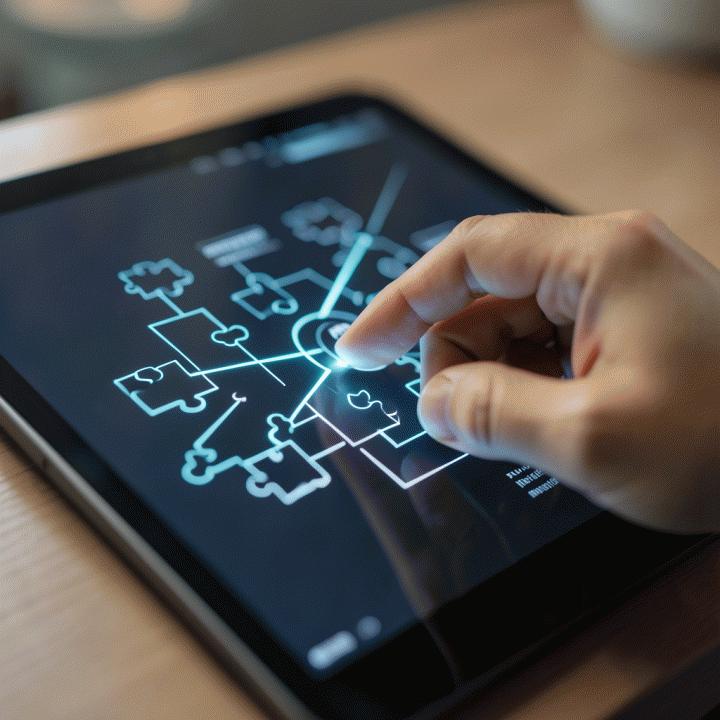 Tangan yang berinteraksi dengan antarmuka digital abstrak pada tablet, menunjukkan alur logika dan pemecahan masalah yang interaktif.